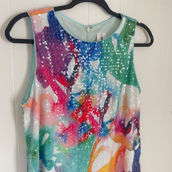 Sequin Party Dress Watercolor Print Sleeveless Size 6 Colorful A-Line Wedding Gu - Picture 3 of 7
